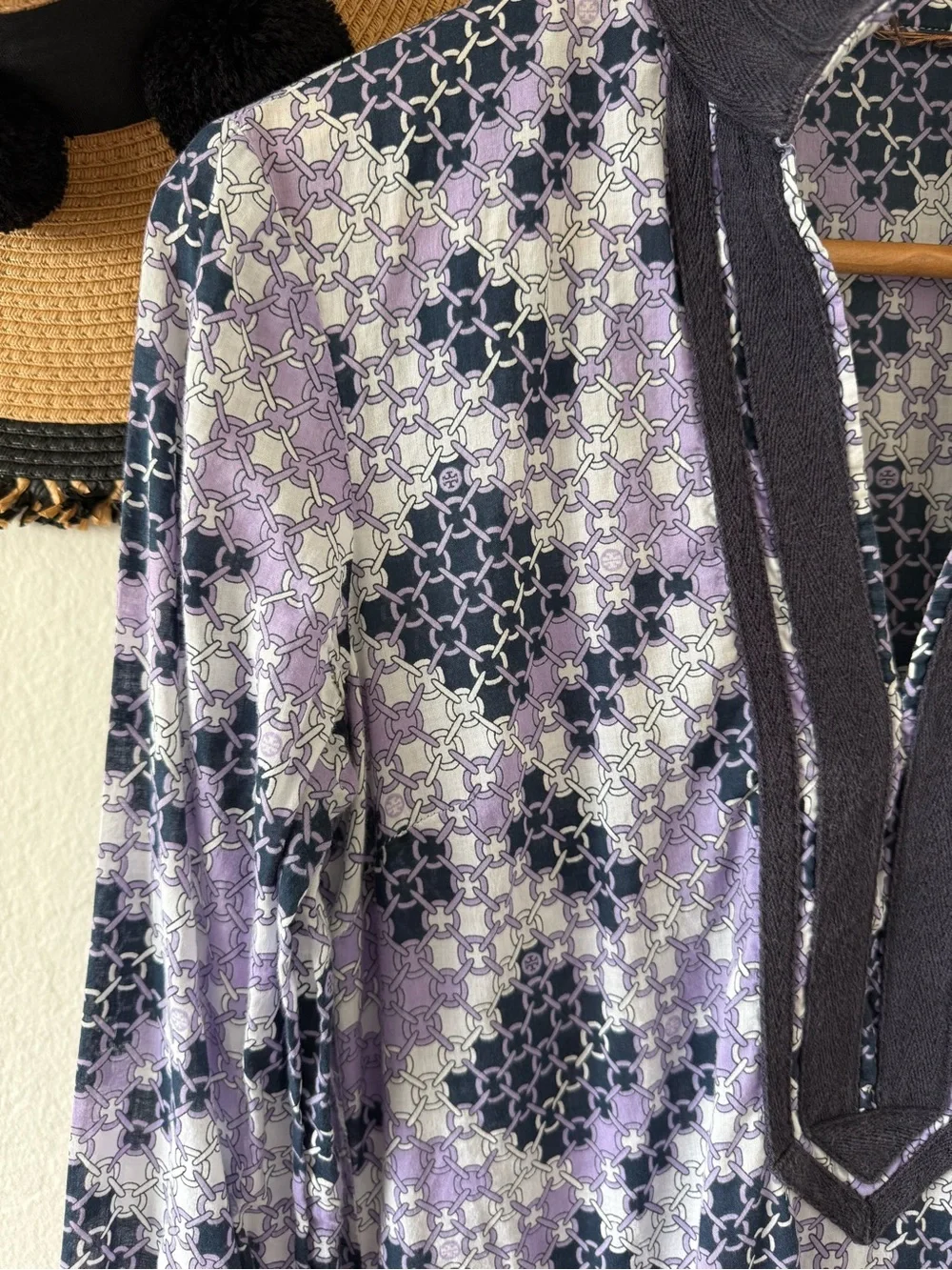 Tory Burch Lightweight Cotton Purple Geometric Chain Logo Print Tunic Top